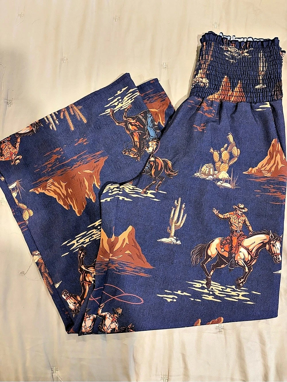 Western Print High Waist pants in Blue & Orange New